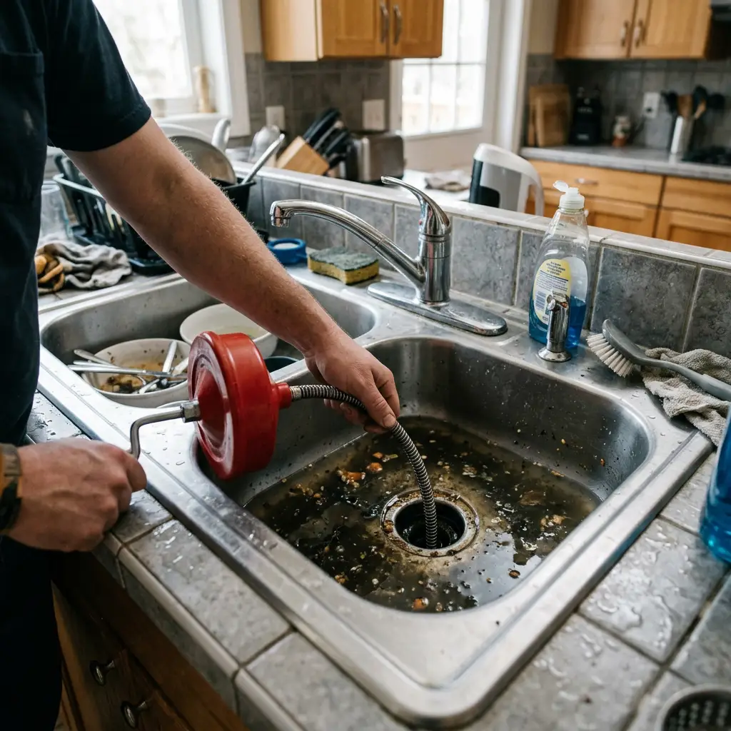 Illustration of a drain snake being fed into a clogged kitchen sink