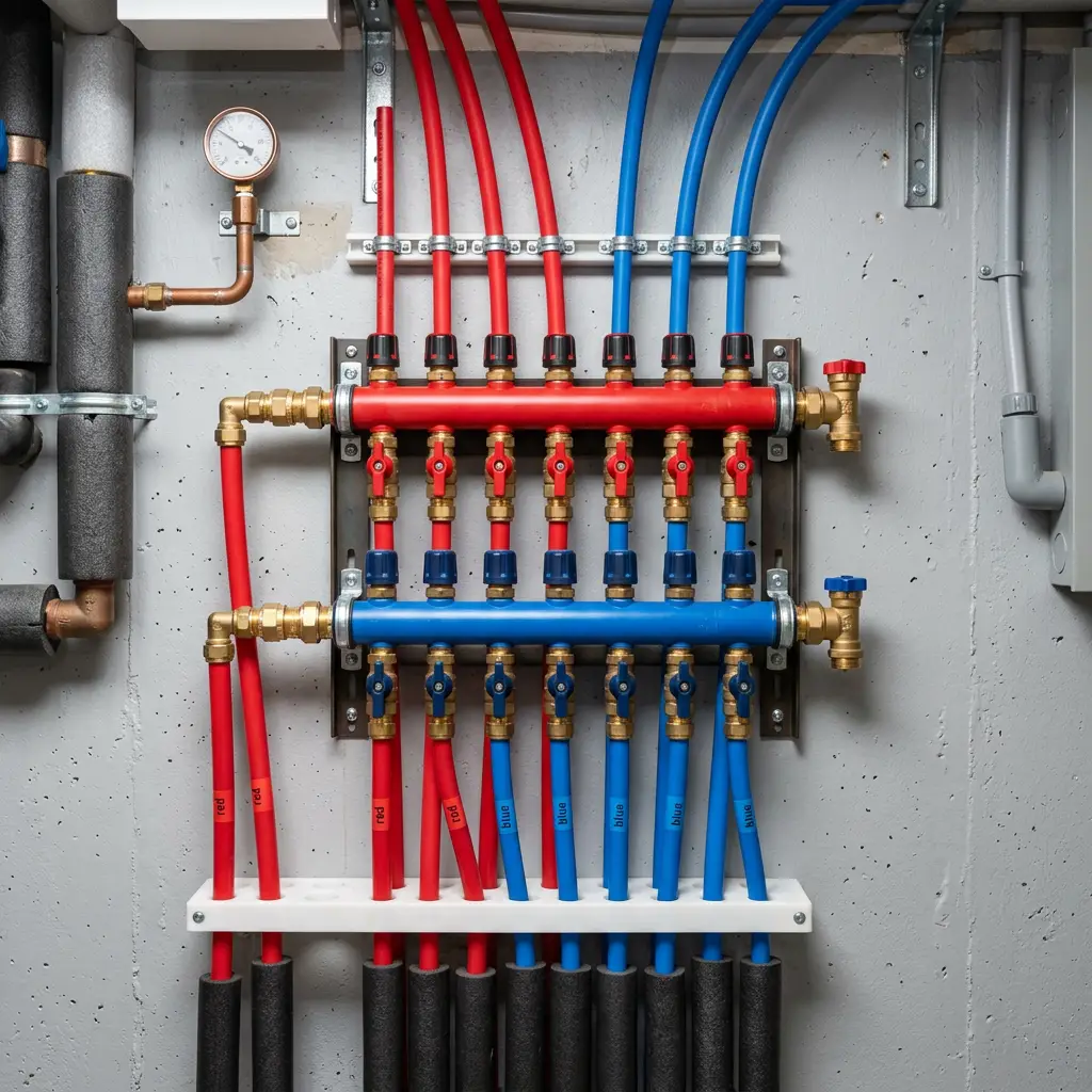 Illustration of a colorful pipe manifold with shutoff valves on a wall