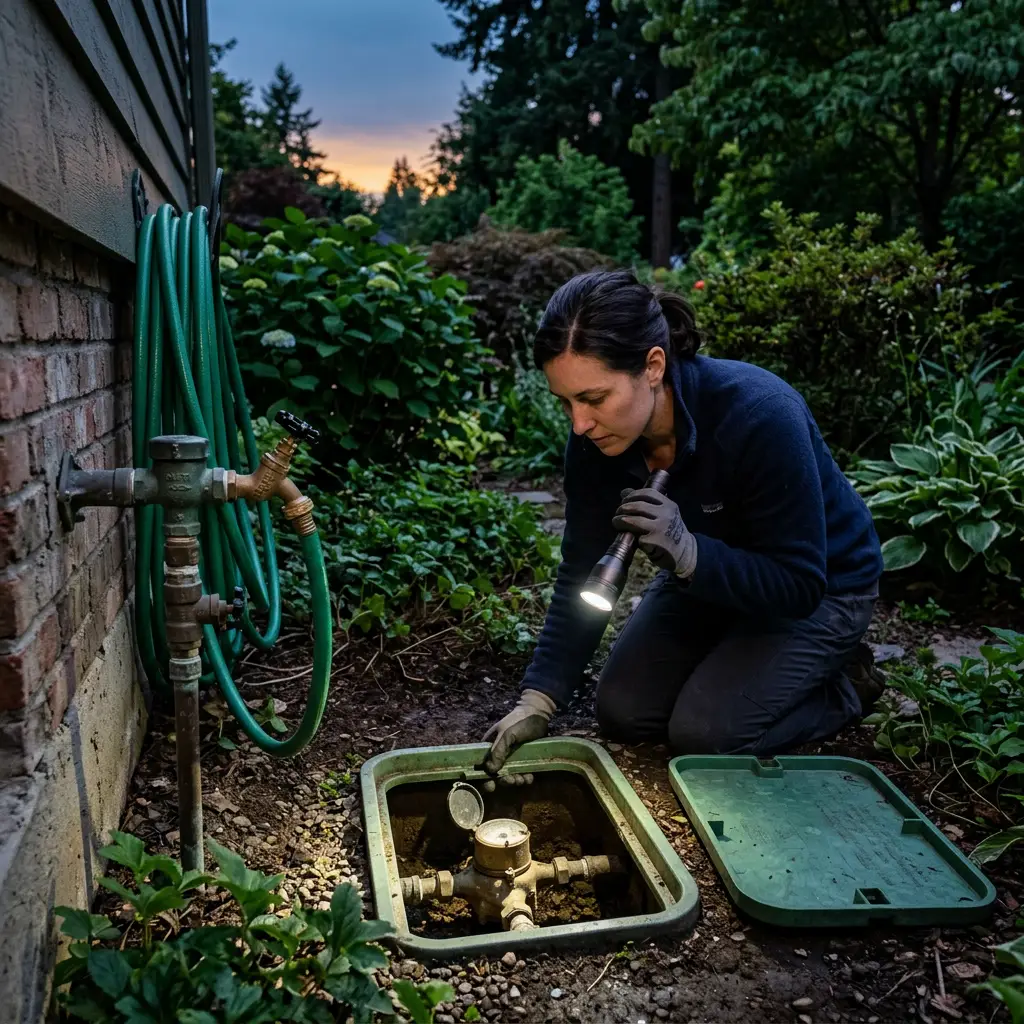 Illustration of a water meter box and hose bibb being checked with a flashlight at dusk