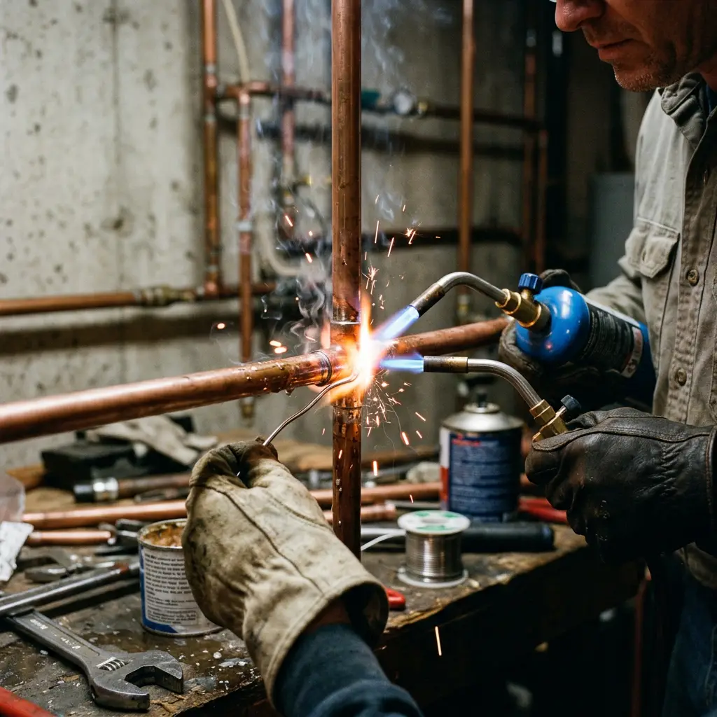 Illustration of a plumber soldering a copper pipe joint with a bright flame